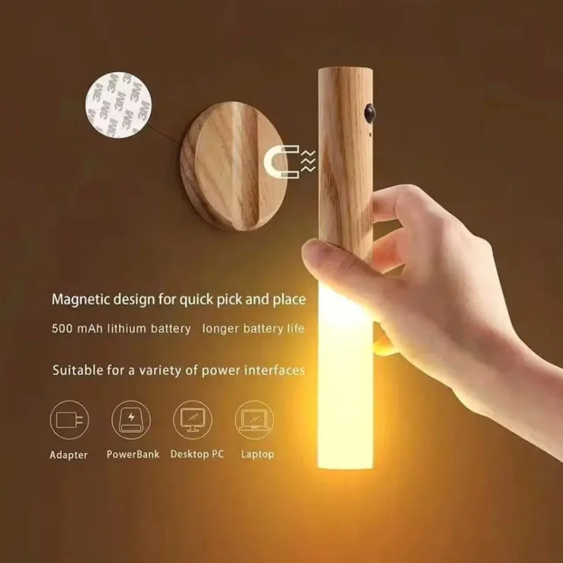 Warmth Intelligent Sensor Wall Lamp Wireless Wooden Stick Night Light Corridor Cabinet Wardrobe Light Decorative Home Light LED